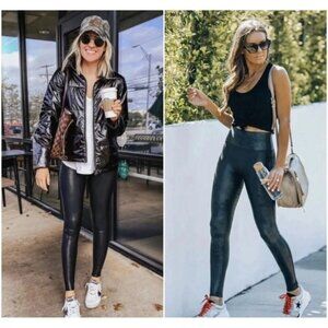 SPANX Women's Size XL Shape Glossy Coated 2437 Faux Leather Leggings Pants Black
